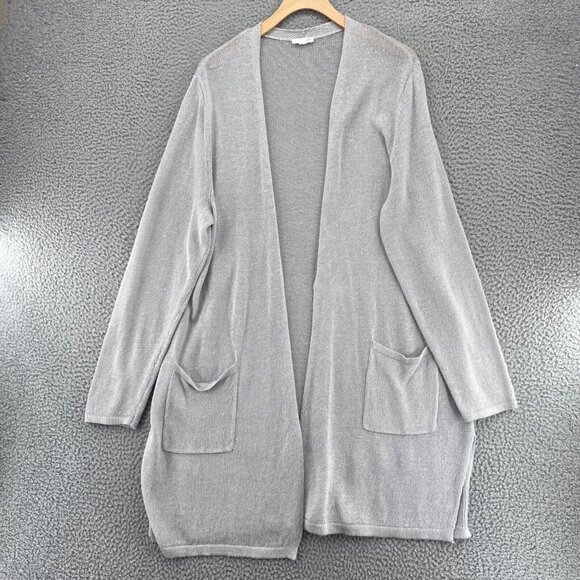 J Jill Sweater Womens L Gray Linen Blend Long Cardigan Loose Knit Pockets Casual - Picture 1 of 10